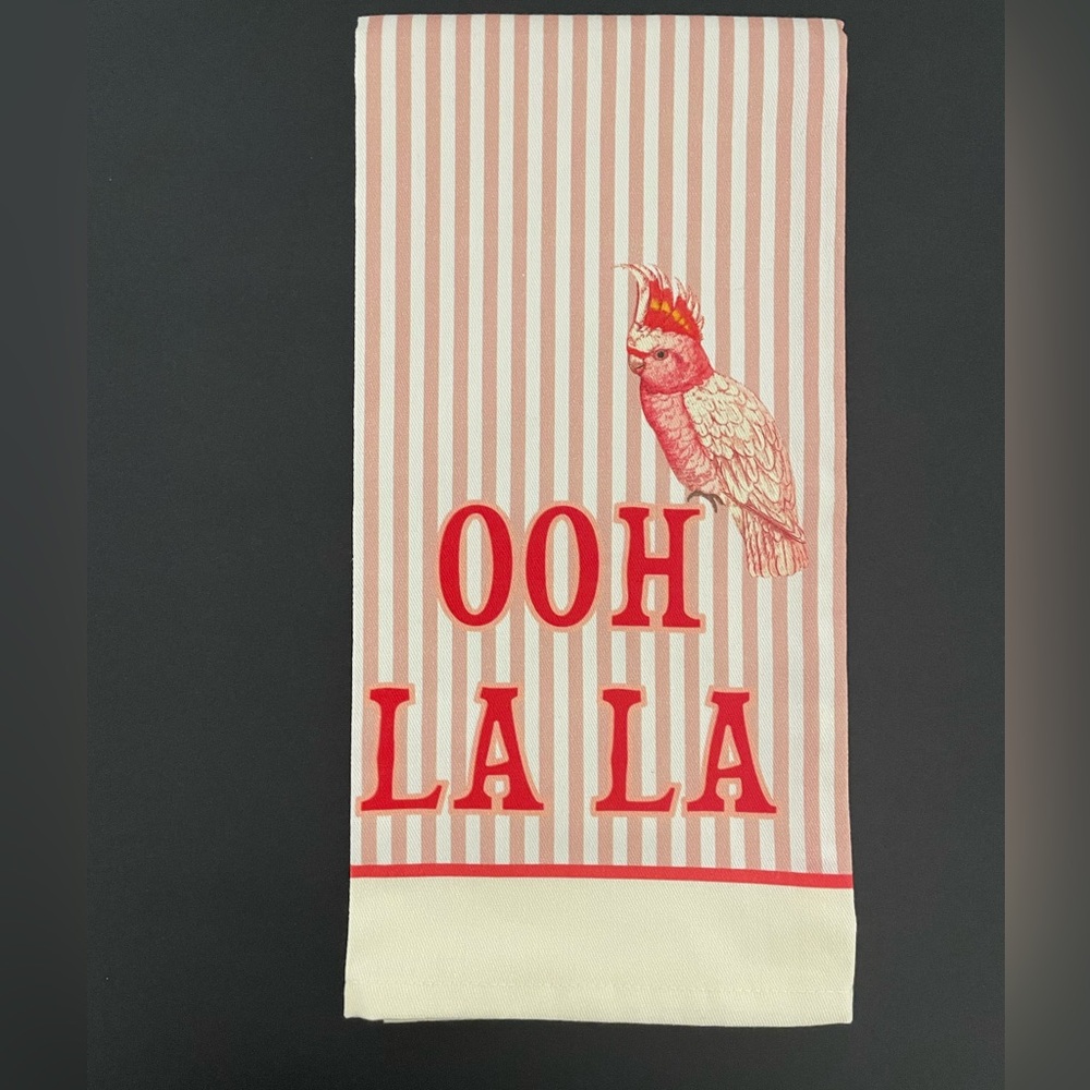 New OOH LA LA cotton red cream striped dish towel cockatiel motif